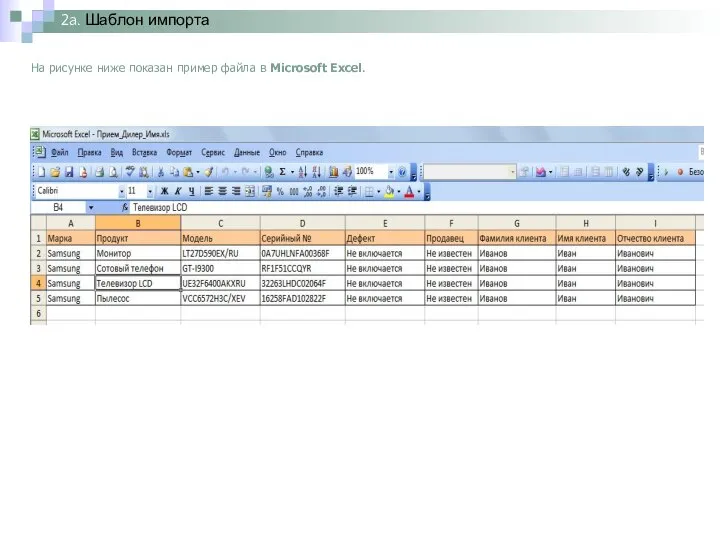 2a. Шаблон импорта На рисунке ниже показан пример файла в Microsoft Excel.