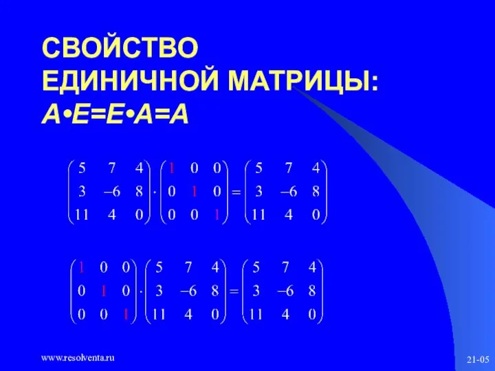 www.resolventa.ru 21-05 СВОЙСТВО ЕДИНИЧНОЙ МАТРИЦЫ: A•E=E•A=A