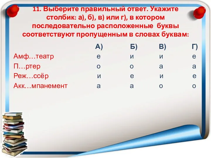 11. Выберите правильный ответ. Укажите столбик: а), б), в) или г), в