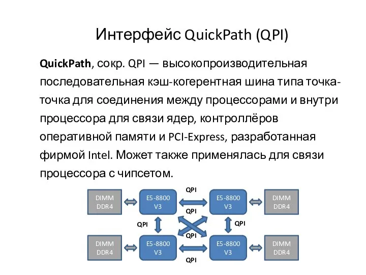 Интерфейс QuickPath (QPI) QuickPath, сокр. QPI — высокопроизводительная последовательная кэш-когерентная шина типа