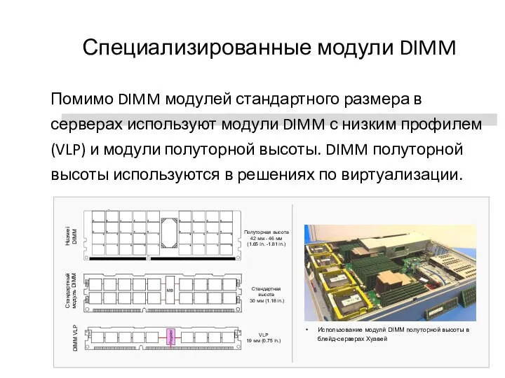 Специализированные модули DIMM Стандартный модуль DIMM Huawei DIMM DIMM VLP Использование модулй