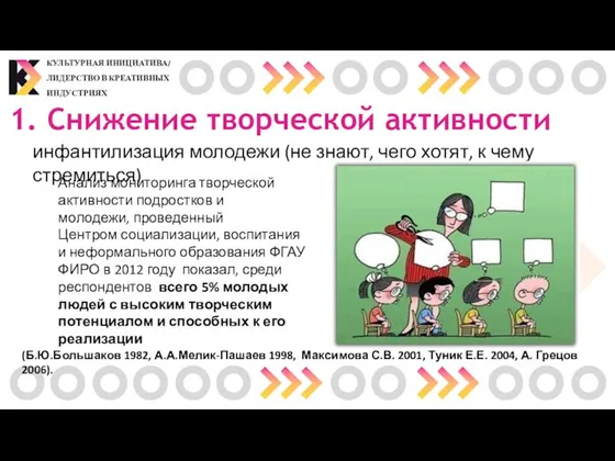 1. Снижение творческой активности (Б.Ю.Большаков 1982, А.А.Мелик-Пашаев 1998, Максимова С.В. 2001, Туник