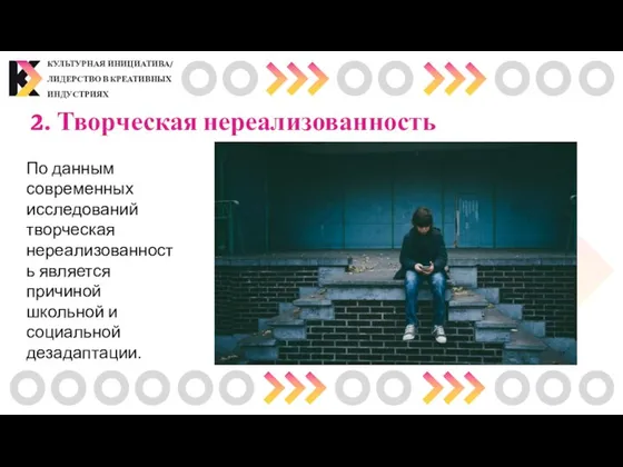 2. Творческая нереализованность КУЛЬТУРНАЯ ИНИЦИАТИВА/ ЛИДЕРСТВО В КРЕАТИВНЫХ ИНДУСТРИЯХ По данным современных