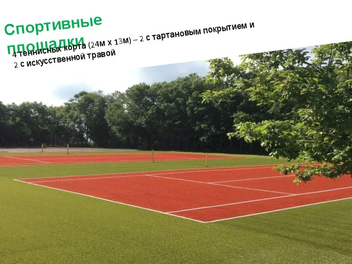 Спортивные площадки 4 теннисных корта (24м х 13м) – 2 с тартановым