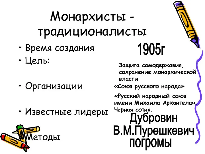 Монархисты - традиционалисты Время создания Цель: Организации Известные лидеры Методы 1905г Защита