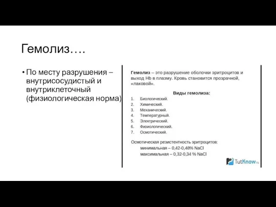 Гемолиз…. По месту разрушения – внутрисосудистый и внутриклеточный (физиологическая норма)*