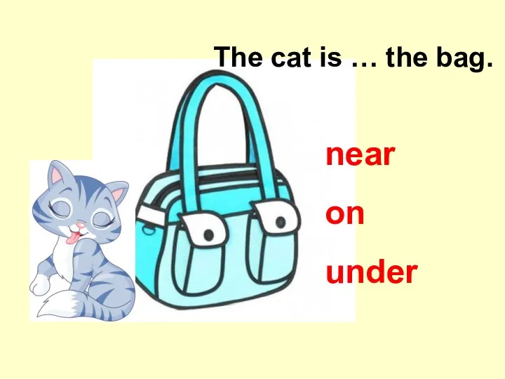 The cat is … the bag. on near under