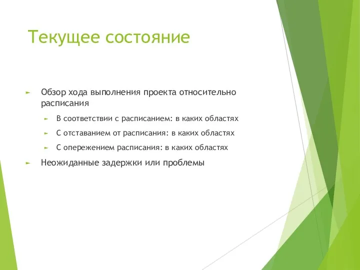 Текущее состояние Обзор хода выполнения проекта относительно расписания В соответствии с расписанием: