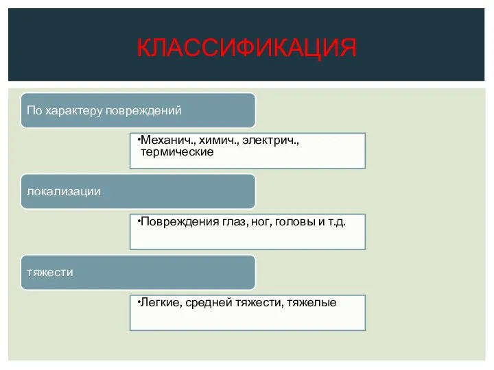 По характеру повреждений Механич., химич., электрич., термические локализации Повреждения глаз, ног, головы