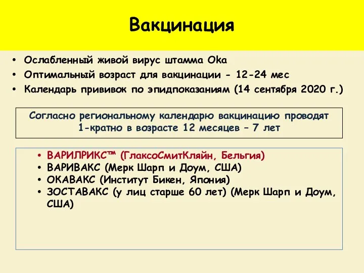 Вакцинация Ослабленный живой вирус штамма Oka Оптимальный возраст для вакцинации - 12-24