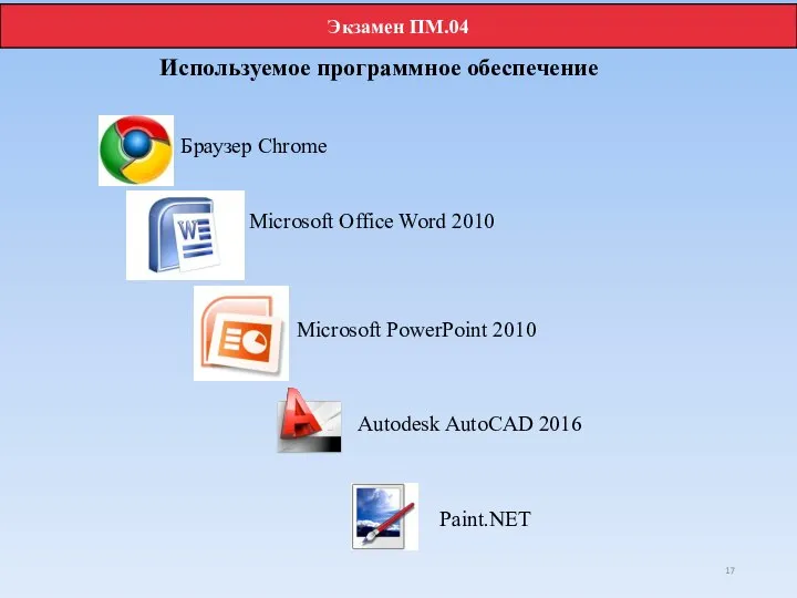 Используемое программное обеспечение Браузер Chrome Microsoft PowerPoint 2010 Autodesk AutoCAD 2016 Paint.NET