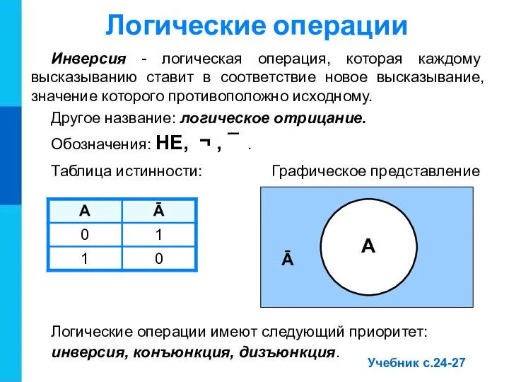 Инверсия - логическая операция, которая каждому высказыванию ставит в соответствие новое высказывание,