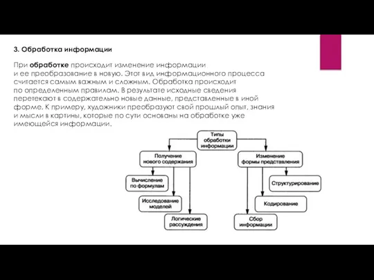 При обработке происходит изменение информации и ее преобразование в новую. Этот вид