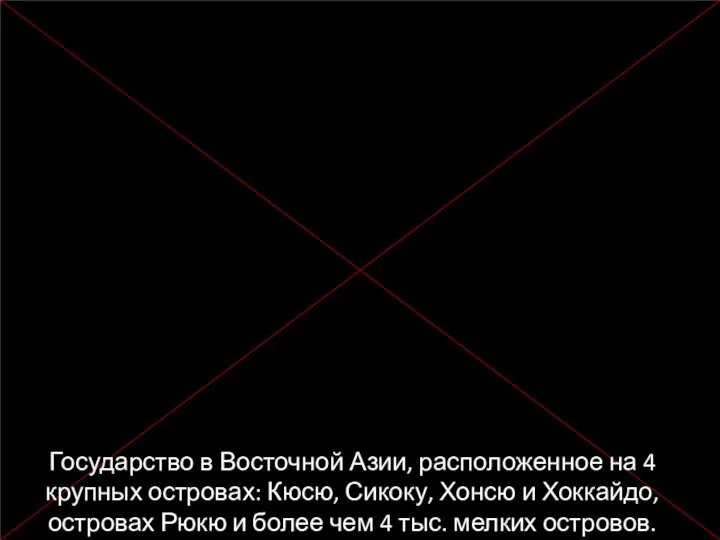 Государство в Восточной Азии, расположенное на 4 крупных островах: Кюсю, Сикоку, Хонсю