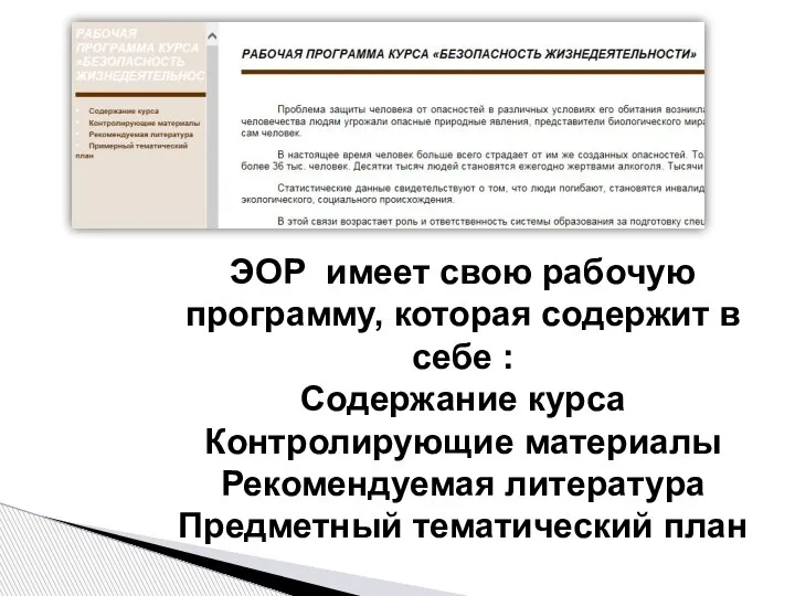 ЭОР имеет свою рабочую программу, которая содержит в себе : Содержание курса