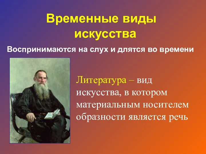 Воспринимаются на слух и длятся во времени Временные виды искусства Литература –