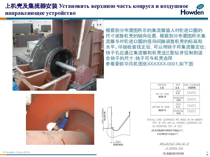 上机壳及集流器安装 Установить верхнюю часть копруса и воздушное направляющее устройство 根据剖分布置图所示的集流器插入叶轮进口圈的尺寸调整机壳的轴向位置，根据剖分布置图所示集流器与叶轮进口圈的径向间隙调整机壳的标高和水平。仔细检查找正后，可以用销子将集流器定位；销子孔应通过集流器和机壳法兰配钻并铰制到适合销子的尺寸；销子可与机壳点焊 参看豪顿华风机图纸XXXXXX-0001,如下图