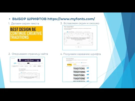 ВЫБОР ШРИФТОВ https://www.myfonts.com/ 3. Вставляем скрин к окошко 2. Открываем страницу сайта