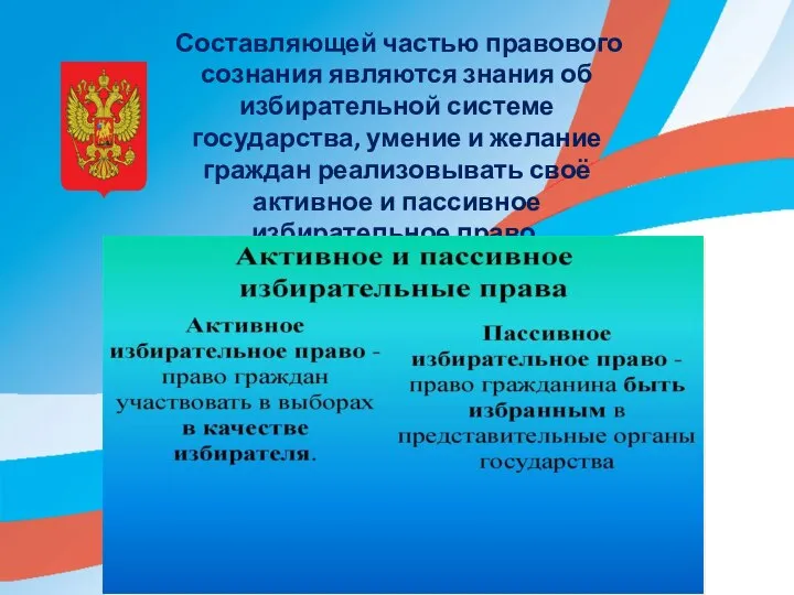 Составляющей частью правового сознания являются знания об избирательной системе государства, умение и