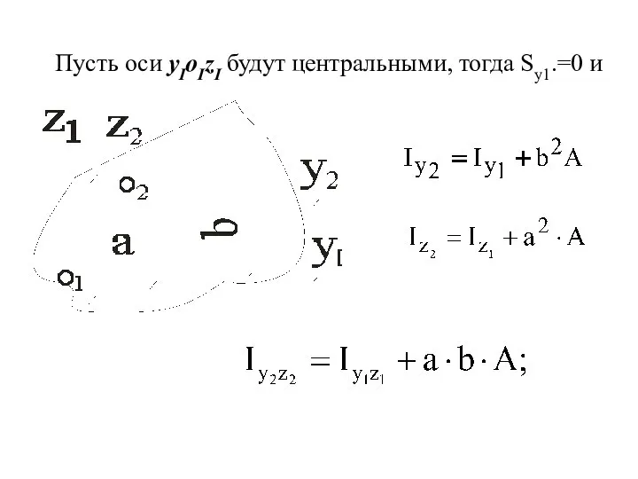 Пусть оси yIoIzI будут центральными, тогда Sy1.=0 и