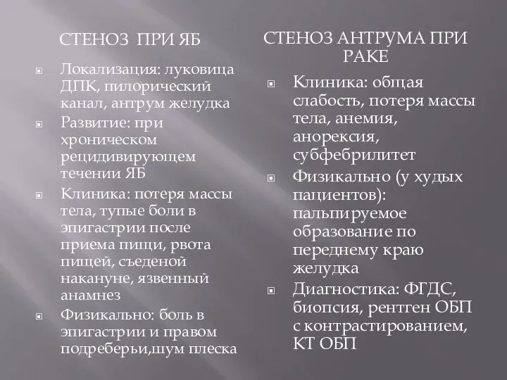 СТЕНОЗ ПРИ ЯБ СТЕНОЗ АНТРУМА ПРИ РАКЕ Локализация: луковица ДПК, пилорический канал,