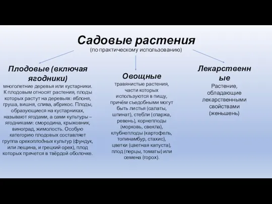 Садовые растения (по практическому использованию) Плодовые (включая ягодники) многолетние деревья или кустарники.