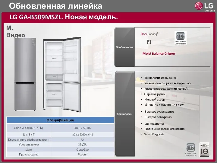 Обновленная линейка LG GA-B509MSZL. Новая модель. Moist Balance Crisper М.Видео