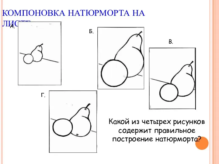 КОМПОНОВКА НАТЮРМОРТА НА ЛИСТЕ А. Б. В. Г. Какой из четырех рисунков содержит правильное построение натюрморта?