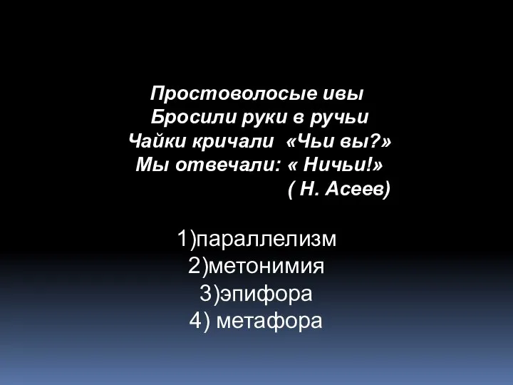 Простоволосые ивы Бросили руки в ручьи Чайки кричали «Чьи вы?» Мы отвечали: