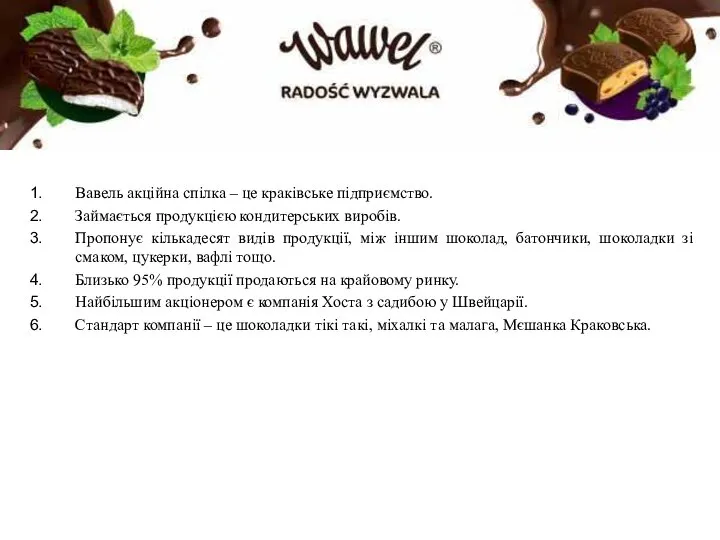 Вавель акційна спілка – це краківське підприємство. Займається продукцією кондитерських виробів. Пропонує