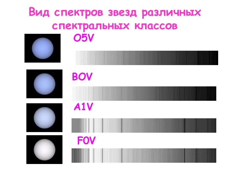 Вид спектров звезд различных спектральных классов А1V BOV F0V O5V