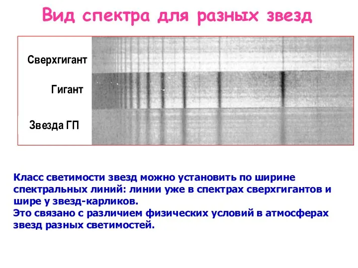 Вид спектра для разных звезд Гигант Звезда ГП Сверхгигант Класс светимости звезд