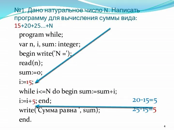 №1. Дано натуральное число N. Написать программу для вычисления суммы вида: 15+20+25...+N