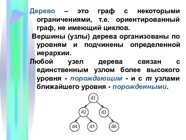 Дерево – это граф с некоторыми ограничениями, т.е. ориентированный граф, не имеющий