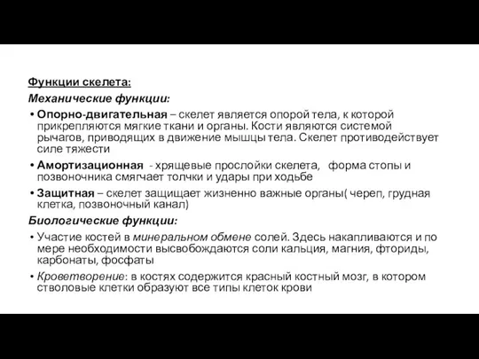 Функции скелета: Механические функции: Опорно-двигательная – скелет является опорой тела, к которой