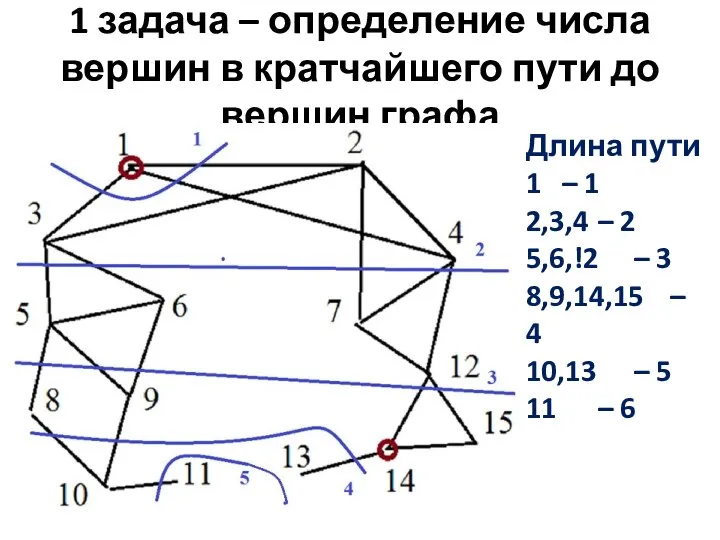 1 задача – определение числа вершин в кратчайшего пути до вершин графа