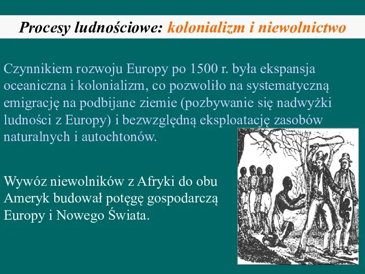 Procesy ludnościowe: kolonializm i niewolnictwo Czynnikiem rozwoju Europy po 1500 r. była