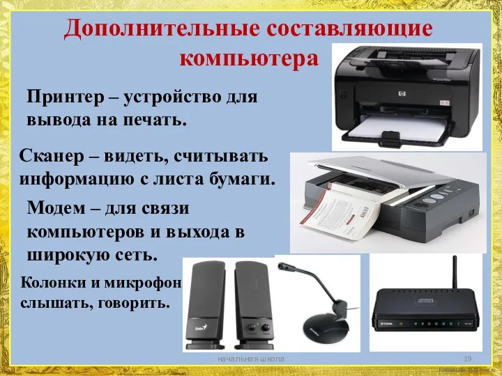 Дополнительные составляющие компьютера начальная школа Принтер – устройство для вывода на печать.