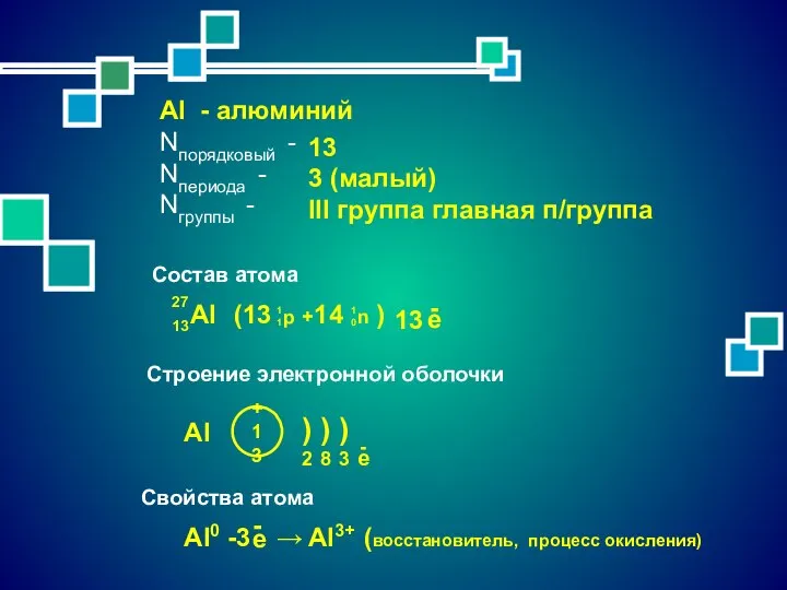 Al - алюминий Nпорядковый - Nпериода - Nгруппы - 13 3 (малый)