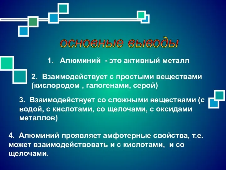 основные выводы 3. Взаимодействует со сложными веществами (с водой, с кислотами, со