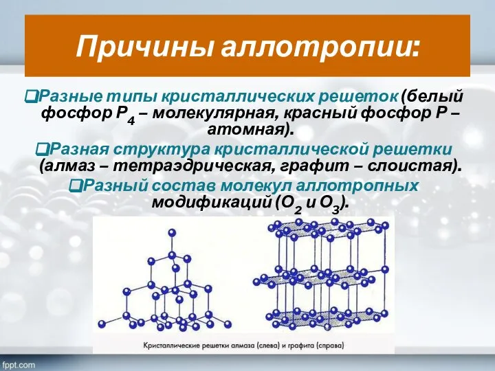 Причины аллотропии: Разные типы кристаллических решеток (белый фосфор Р4 – молекулярная, красный