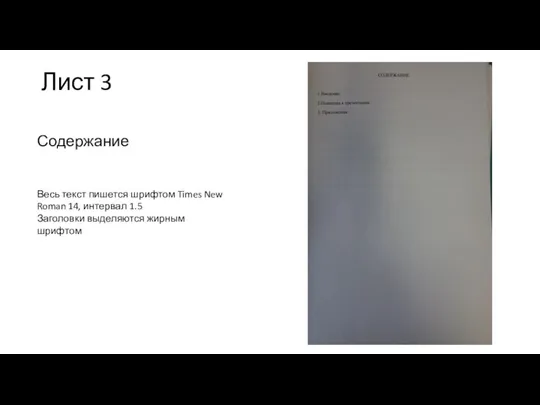 Лист 3 Содержание Весь текст пишется шрифтом Times New Roman 14, интервал
