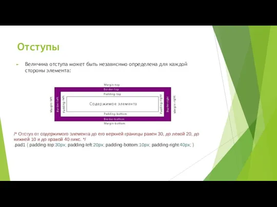 Отступы Величина отступа может быть независимо определена для каждой стороны элемента: /*