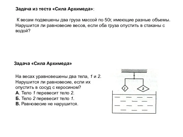 Задача из теста «Сила Архимеда»: К весам подвешены два груза массой по