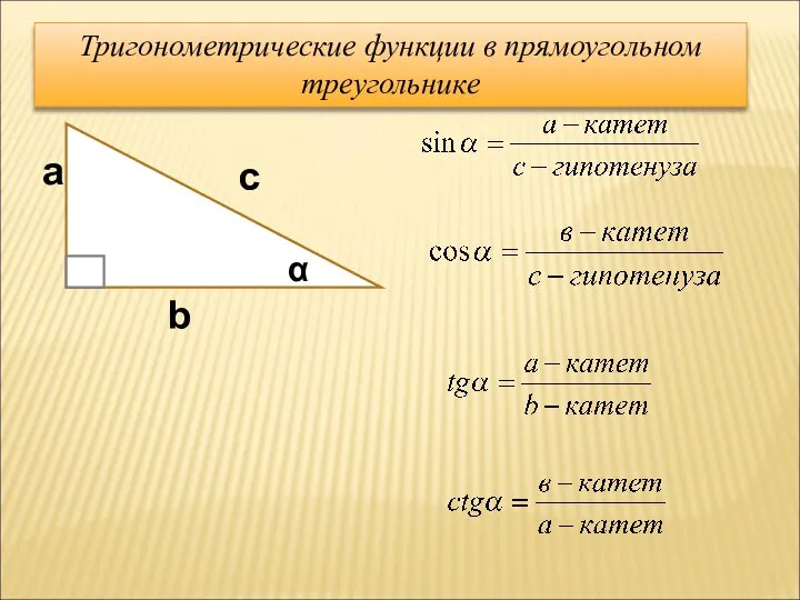 Тригонометрические функции в прямоугольном треугольнике α a b c