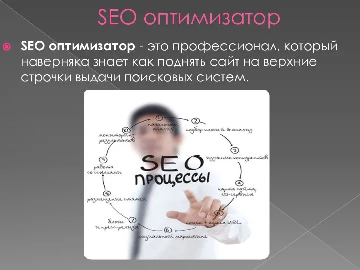 SEO оптимизатор SEO оптимизатор - это профессионал, который наверняка знает как поднять