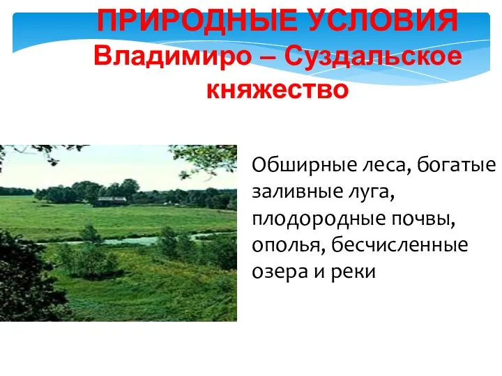 ПРИРОДНЫЕ УСЛОВИЯ Владимиро – Суздальское княжество Обширные леса, богатые заливные луга, плодородные