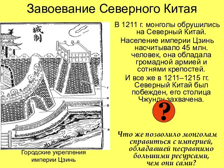 Завоевание Северного Китая В 1211 г. монголы обрушились на Северный Китай. Население