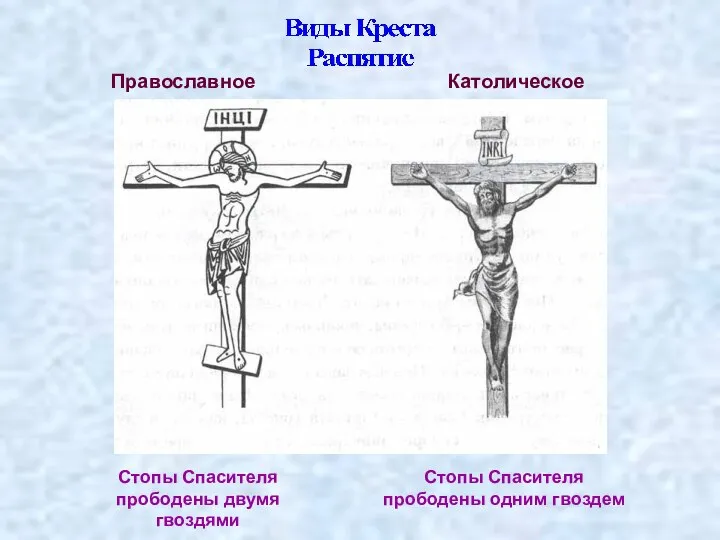 Православное Стопы Спасителя прободены двумя гвоздями Стопы Спасителя прободены одним гвоздем Католическое