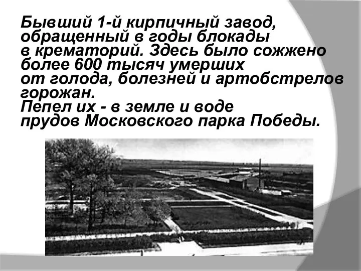 Бывший 1-й кирпичный завод, обращенный в годы блокады в крематорий. Здесь было